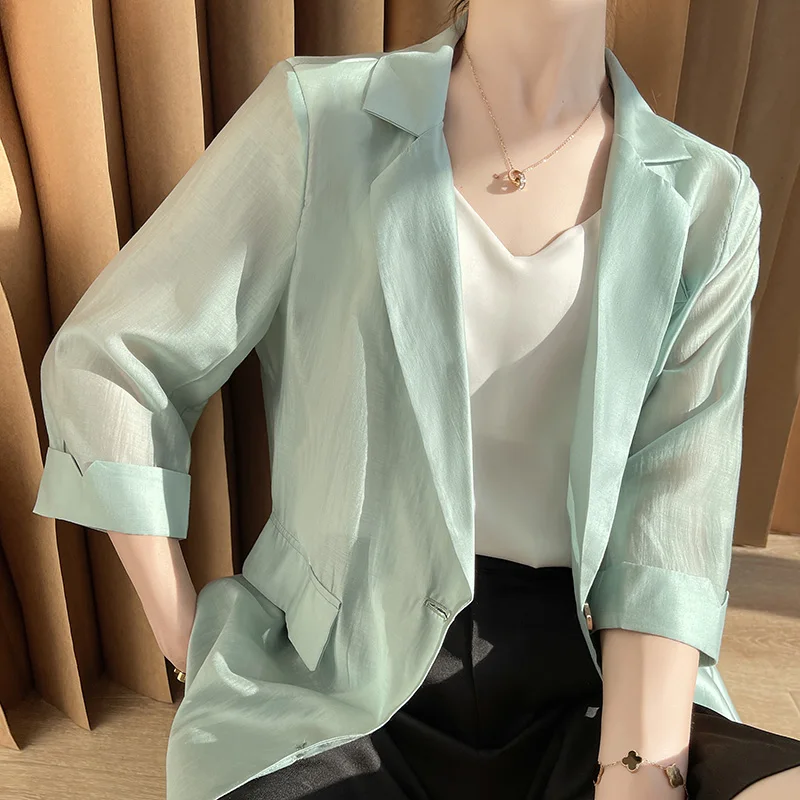 

New High-End Summer Sun Protection Jacket for Women, Thin Outerwear, Three-Quarter Sleeve, Small Blazer, Single Button Top