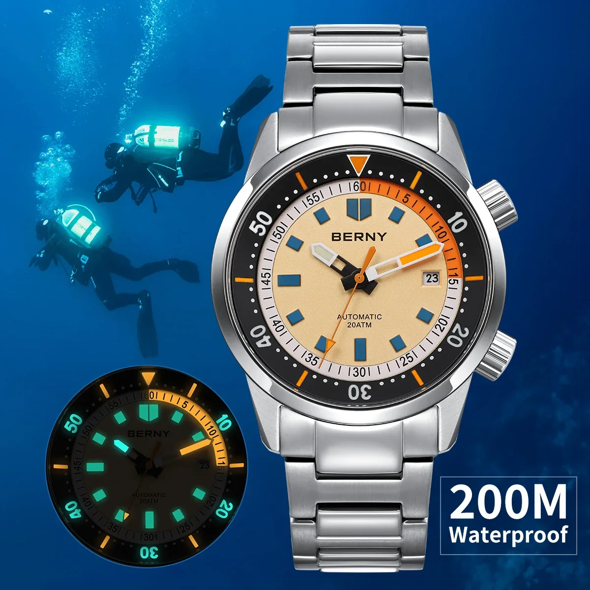 Relojes de buceo automáticos BERNY para hombre 20AMT reloj de buceo mecánico superluminoso para hombre zafiro buceo completo de acero inoxidable