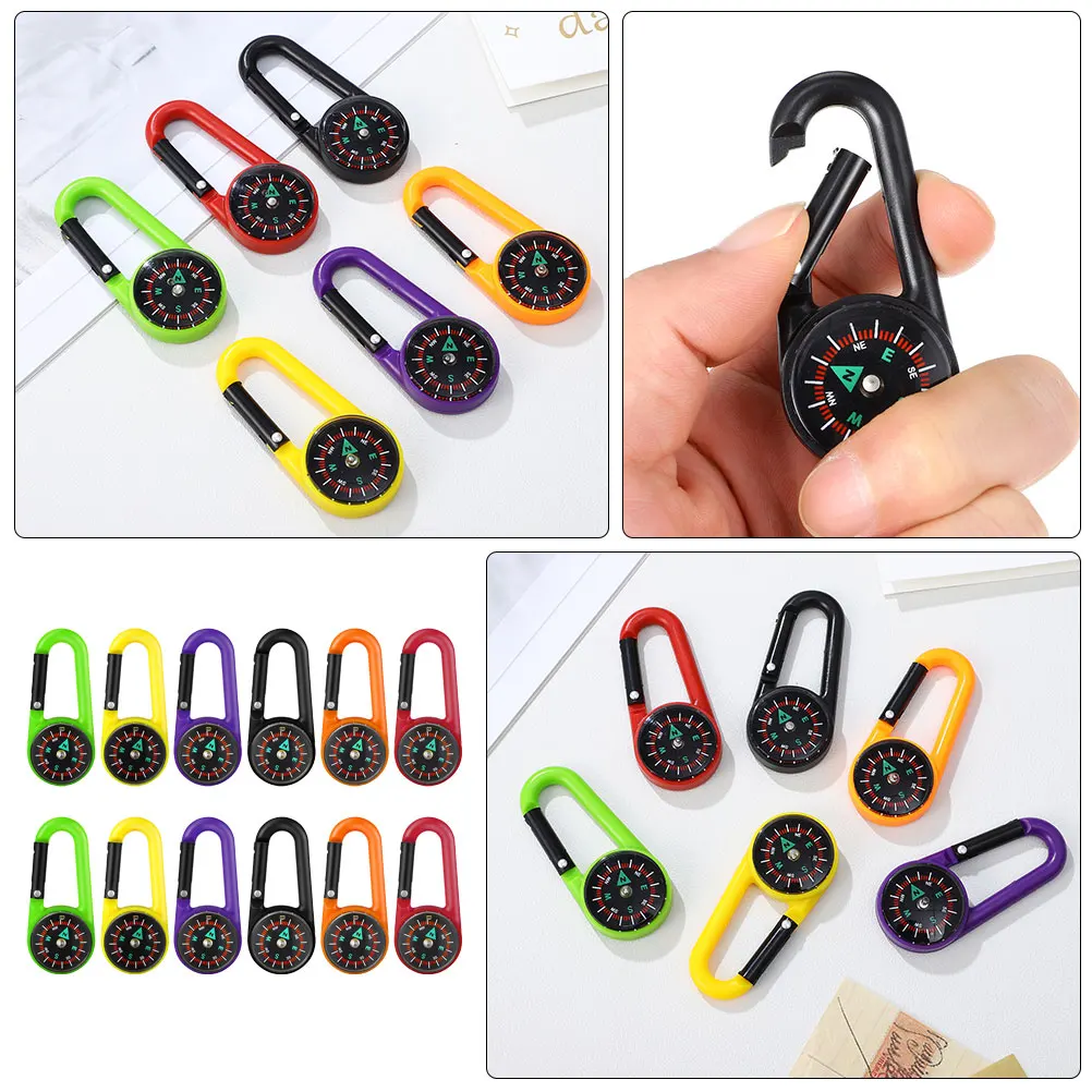 

12pcs Plastic Compass Carabiner Buckle Mini Backpack Pendant Keychain Green Red Orange Purple Yellow Black Each 2 Survival