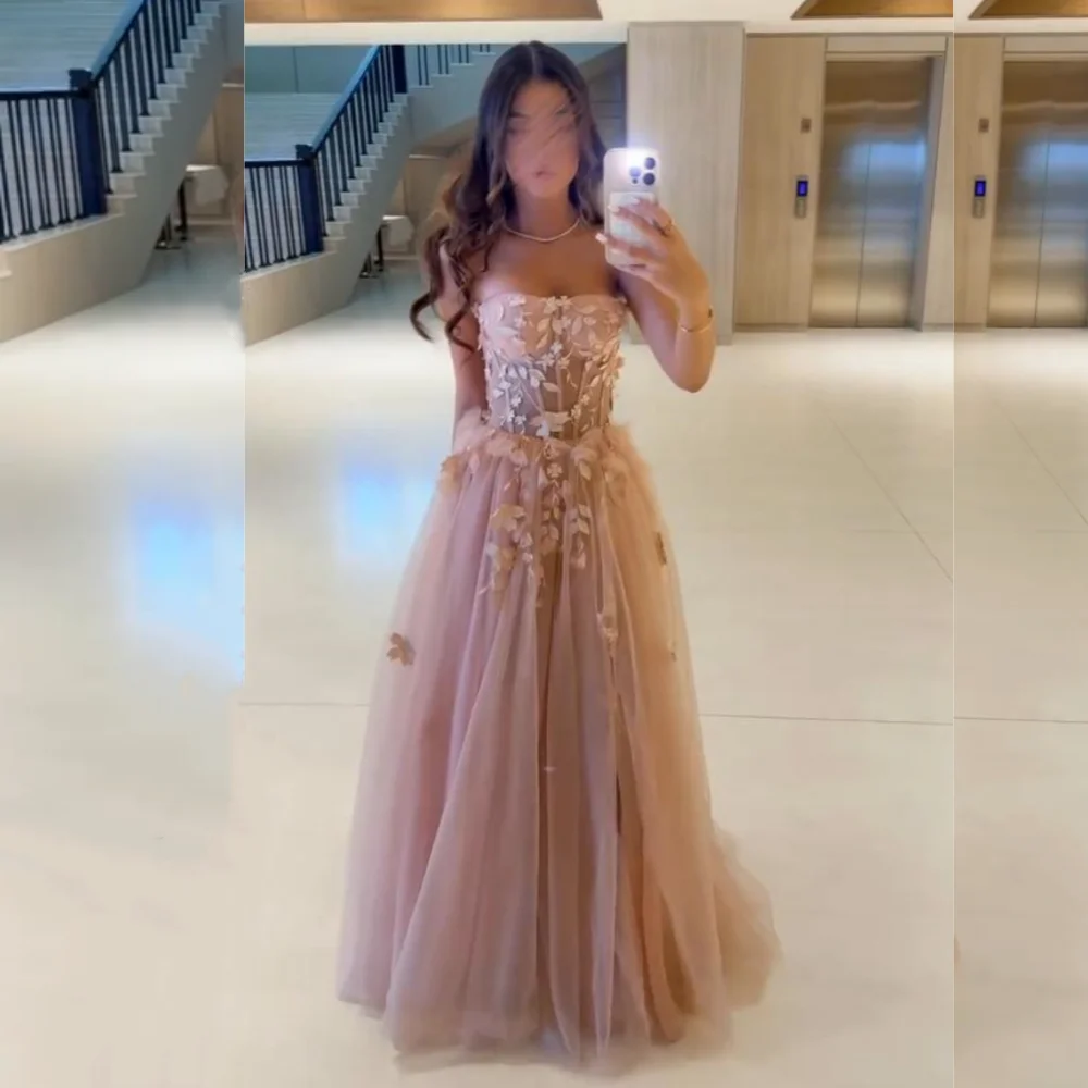 

Customized Net Applique Strapless A-line Long Dresses Bespoke Occasion Woman Elegant Party High Quality Formal Charming