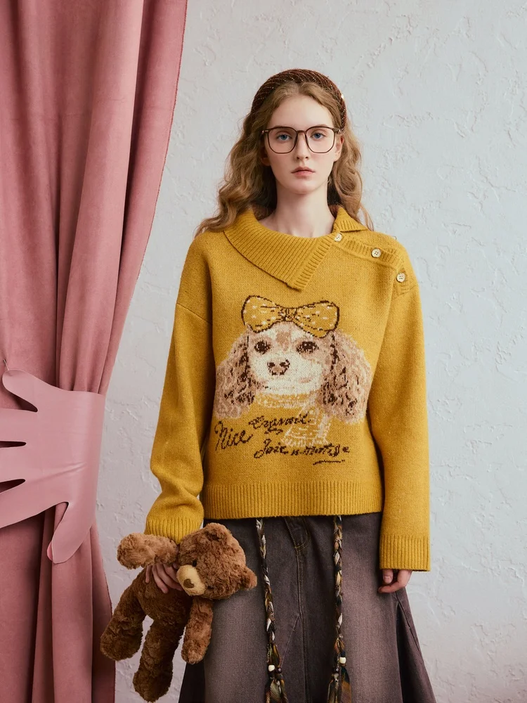 

Loose Women's Knitted Sweater Winter New Sle Fun Dog Pattern Button Collar Casual Sle Polyester Blend Long Sve Top