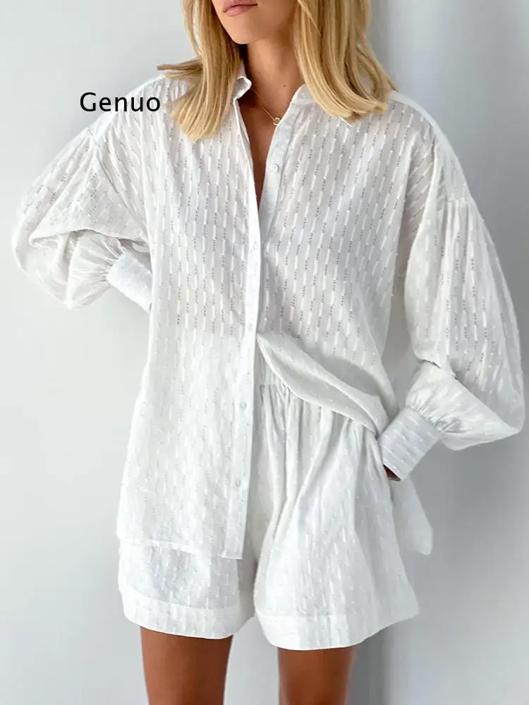

White Elegant Jacquard Fabric Soft Vacation Suits Women Long Sleeves Shirts And Hot Pants Two Pieces Outfits Summer