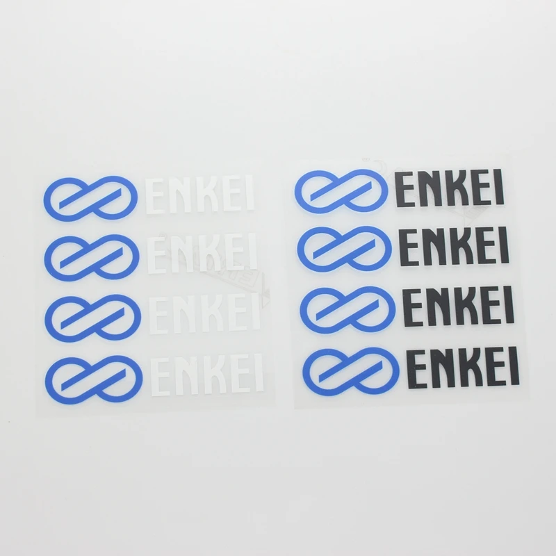 Juego de 4 pegatinas ENKEI, 2 diseños, texto transparente/negro con logotipo azul, calcomanías de vinilo para decoración de ruedas de coche y vehículos
