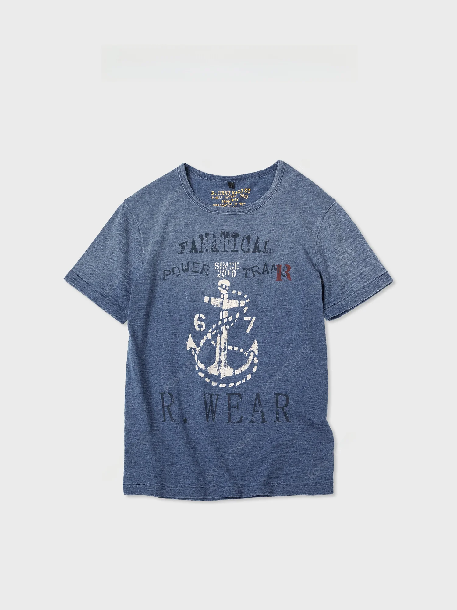 

Футболка Romi Studio Nautical Journey Special Dye из бамбукового хлопка с винтажным синим принтом, женская, свободного кроя, с круглым вырезом