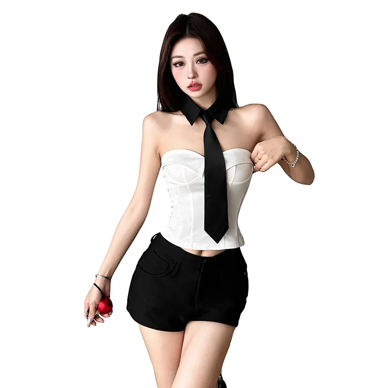 2024 ฤดูใบไม้ร่วงและฤดูหนาวสินค้าใหม่ผู้หญิงแฟชั่นเผ็ดสาวเซ็กซี่Backlessเสื้อกั๊กตัดกันTie 2 ชิ้นชุด