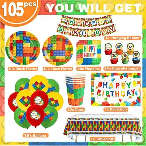 Building Blocks Birthday Party Decoration Tableware Cup Plate Tablecloth Balloons Banner Backdrop Papa Circle Kid Party Supplies - view 4