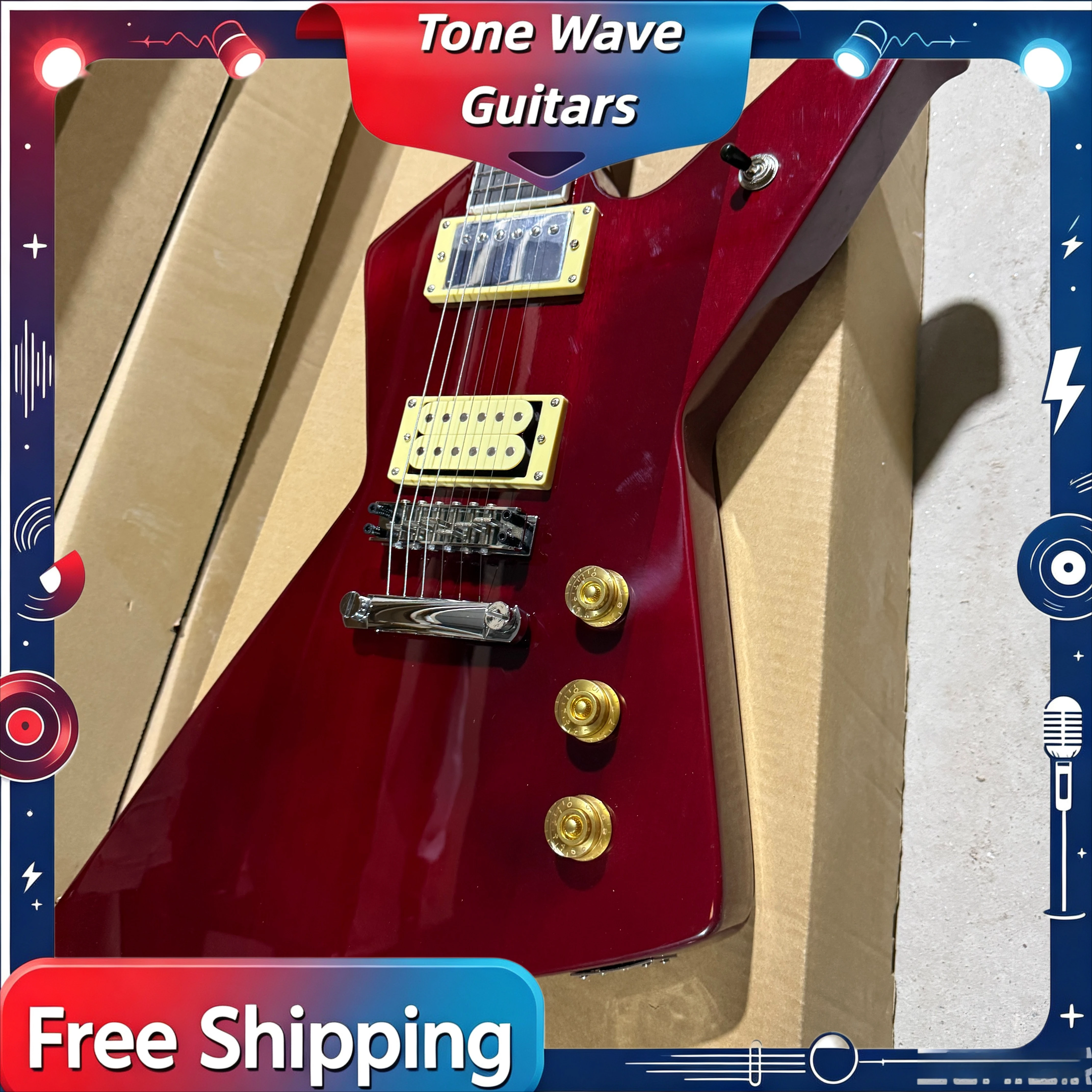 Electric Guitar Wine Red Shaped Pointed Dual Microphone  Mahogany Body Teenager Three Golden Knobs Free Shipping