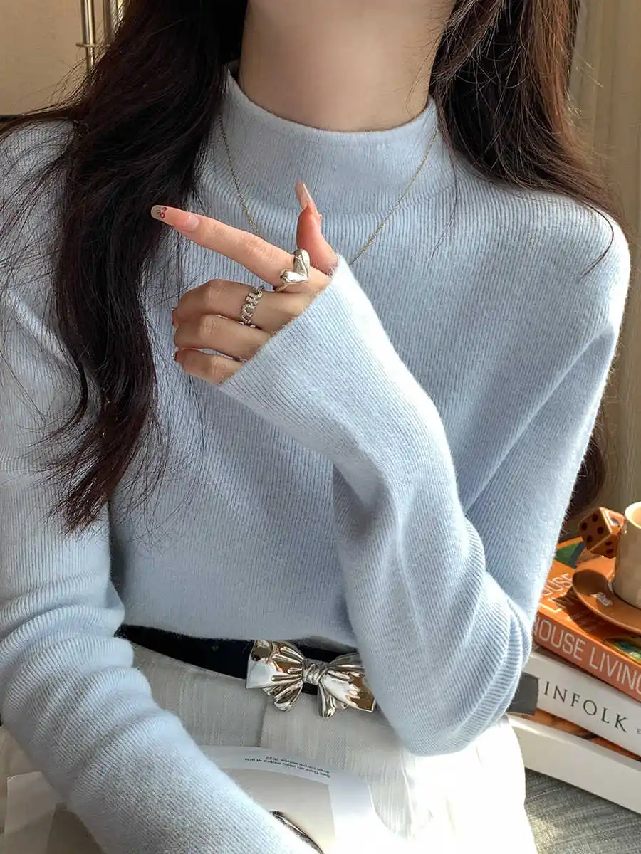 Gebreide Trui Vrouwen Vesten Nieuwe Lange Mouw Mock Hals Witte Gebreide Trui Vest Vrouwen Tops Knitwears Sueters De Mujer Q972