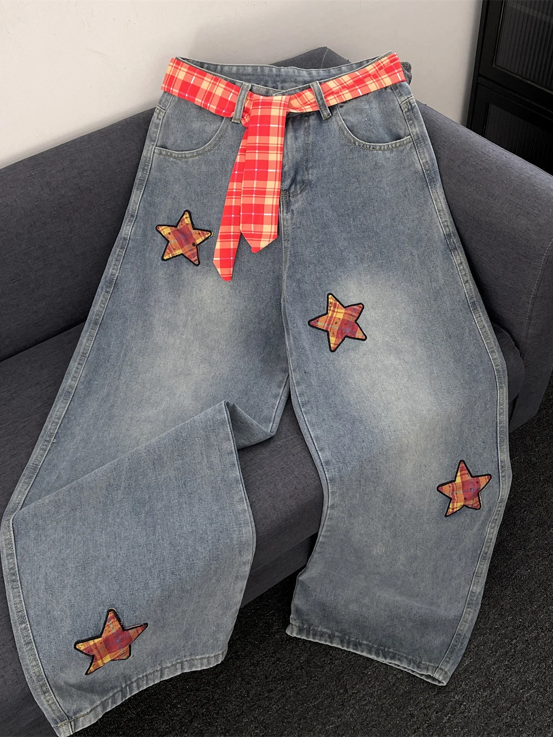 

Retro American Sle Men's Jeans Embroidered Patch Wide Leg Casual Pants Straight Cut Autumn Winter Trendy Brand Knife