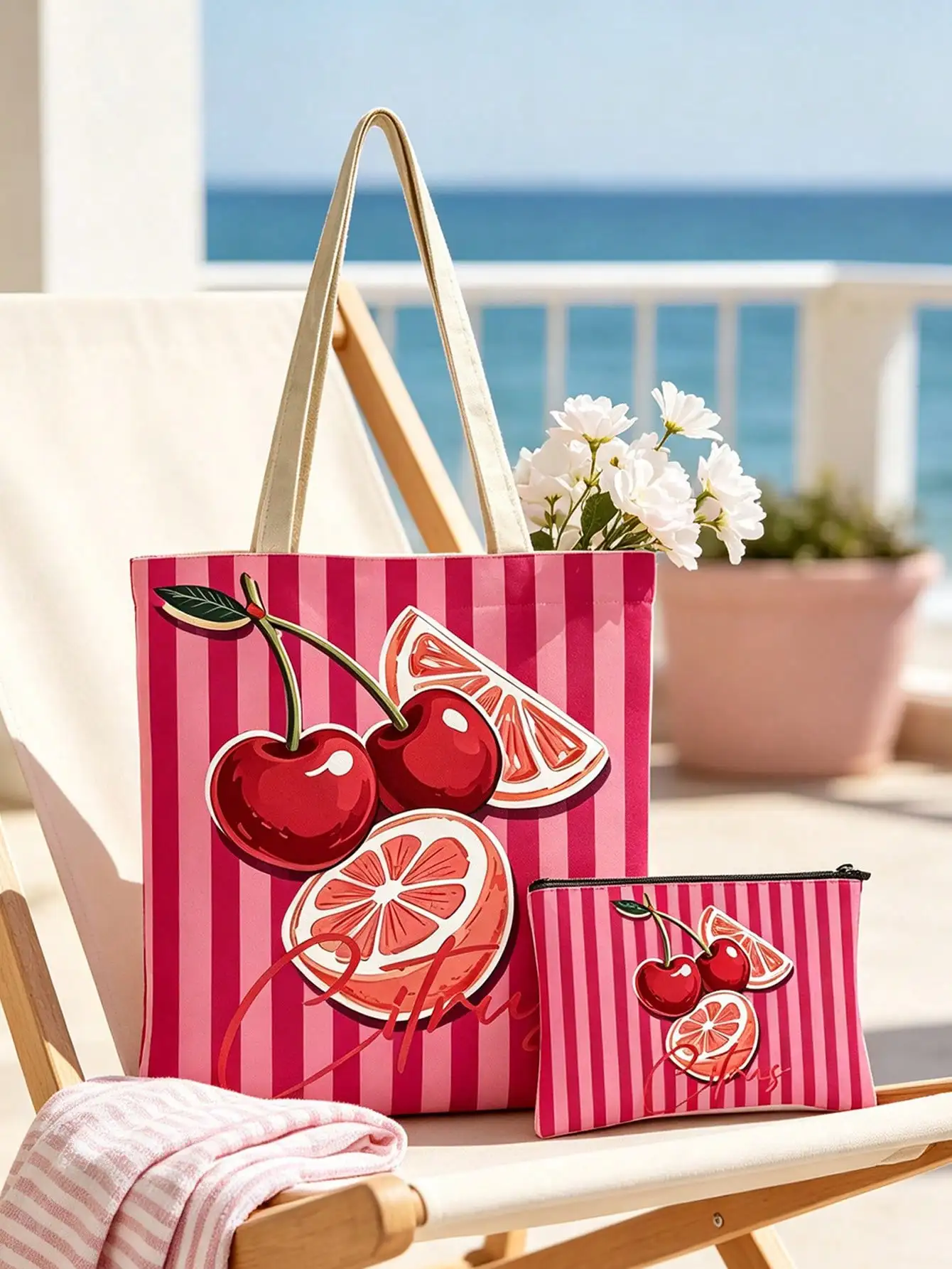 Striped Tote Bag Cosmetic Bag Set Cherry Pattern Fruit Print Casual Tote Bag Style Simple Fashionable Spacious Capacity