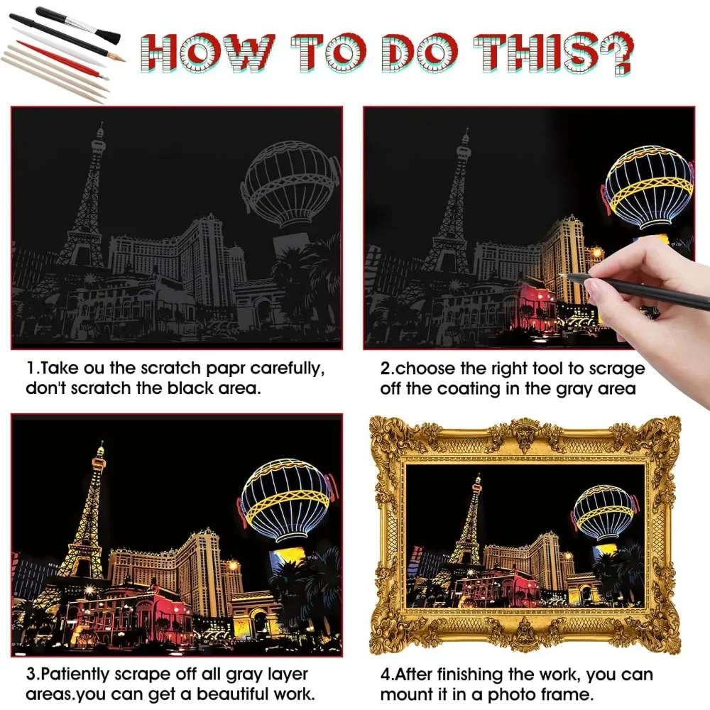 무지개 스크래치 페이퍼 및 스크래치 도구 키트 시티 시리즈 야경 스크래치 아트 (성인 및 어린이용)
