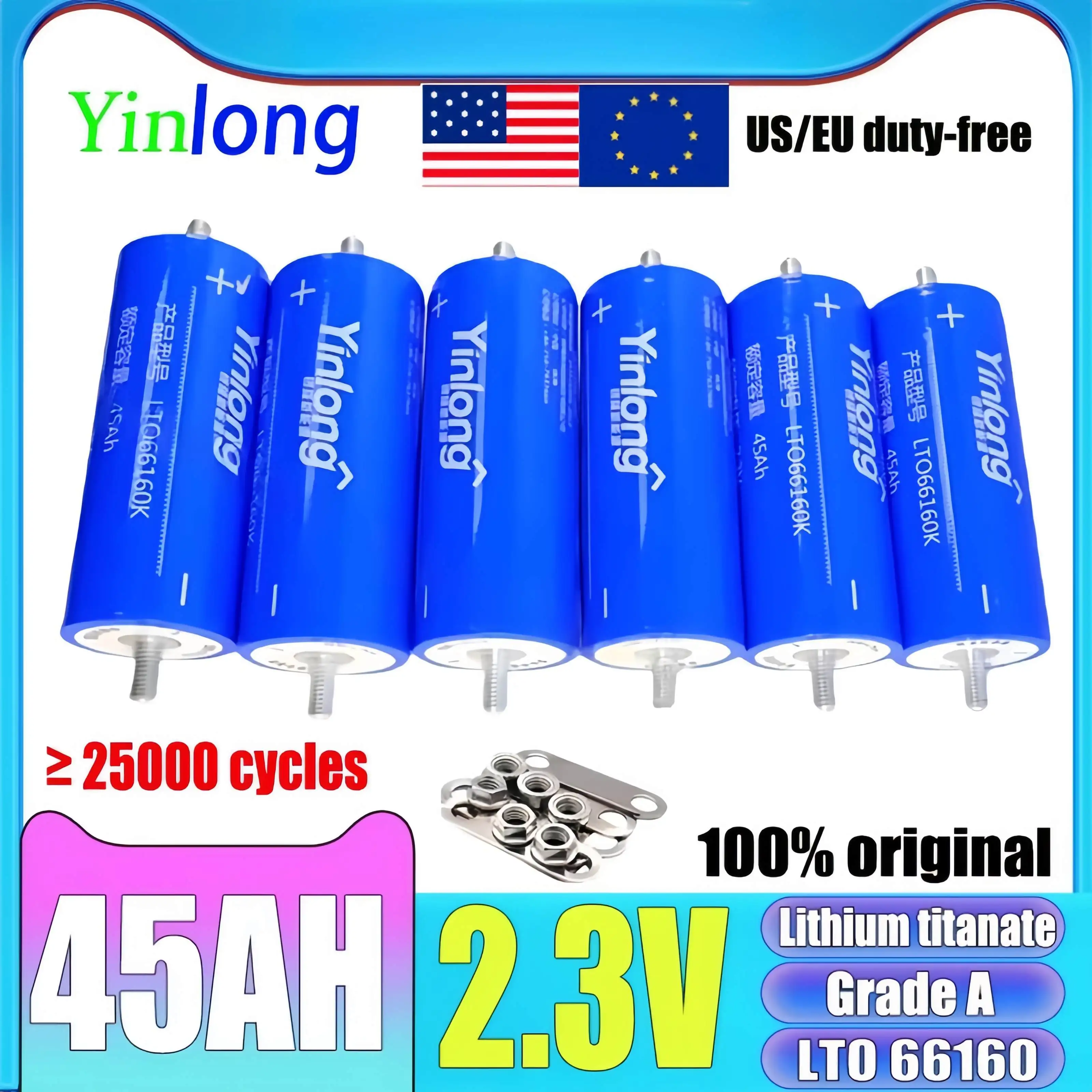 

6-36pcs Original yinlong 2.3v 45ah 66160 lithium titanate battery 10c DIY 12V 24V 48V rv solar speaker car power charge battery