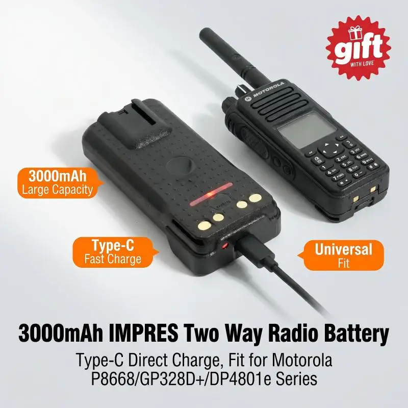 PMNN4409BR 3000mAh IMPRES Type-C Battery for Motorola XIR P8668 P8660 GP328D+ DP4801e Radio PMNN4491 PMNN4493