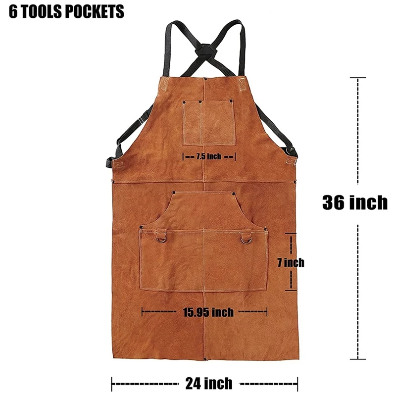 Leather Work Shop Apron With 6 Tool Pockets Heat&Flame Resistant Heavy Duty Welding Apron,24X36inch,Adjustable M To XXL