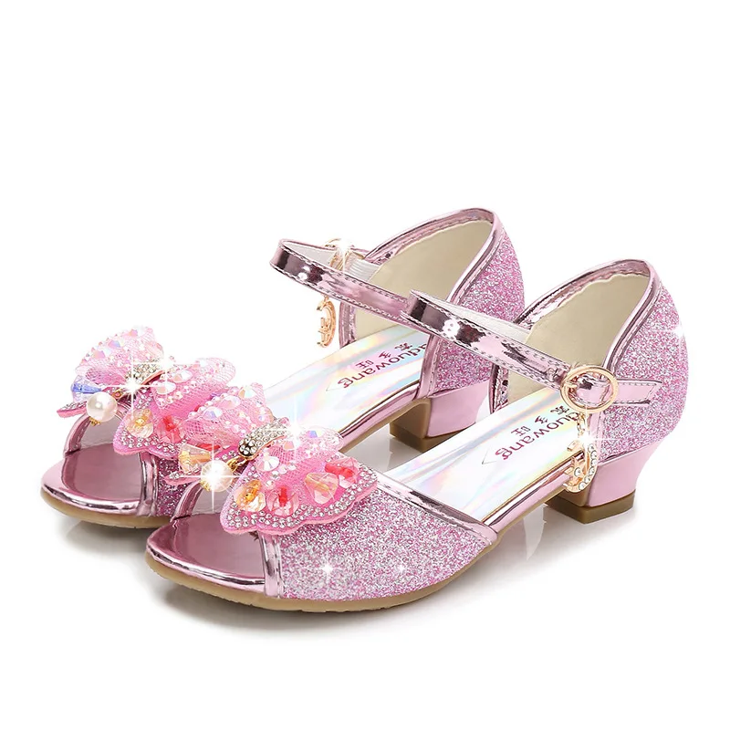 2026 New Children Princess Sandals Kids Girls Wedding Shoes High Heels Dress Shoes Bowtie Pink Gold Silver Shoes For Girls