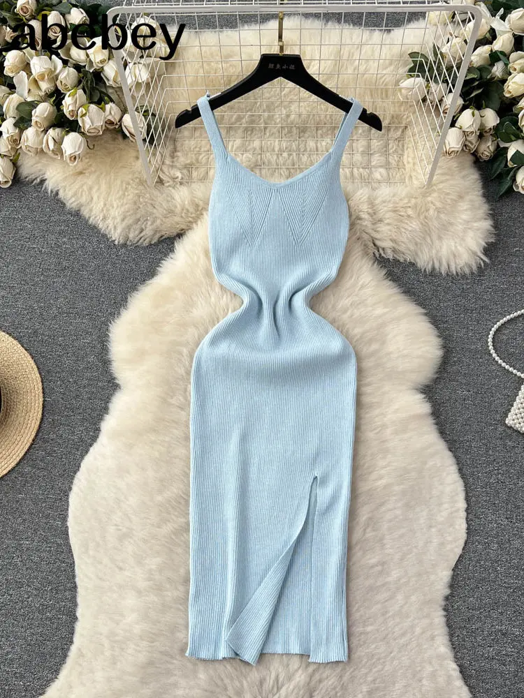 2023 Green V Neck Summer Knit Sexy Strap Dress Women Tank Elatic Waist Bodycon Sundress Female Beach Split Backless Long Dress