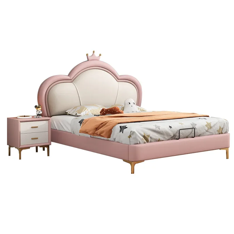 

Children's bed girl princess bed crown 1.5m pink leather art cloud girl student single double solid wood