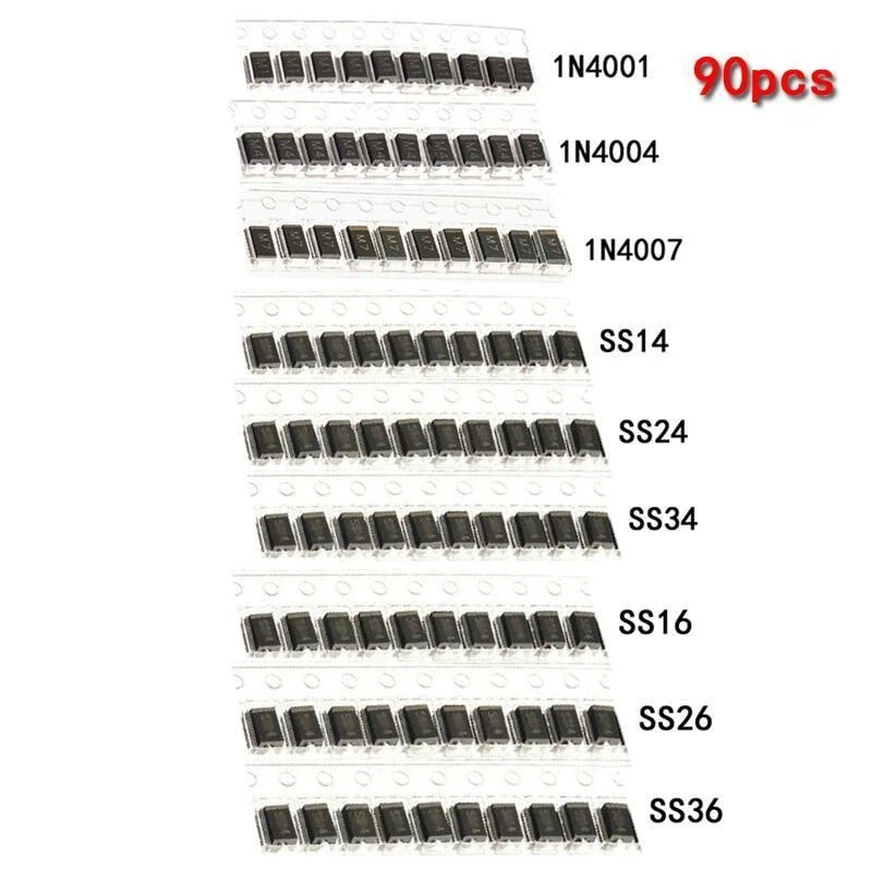 90Pcs 9 Values Rectifier Diodes Schottky SMD Diode Kit 1N4007 1N4001 1N4004 SS14 SS16 SS24 SS26 SS34 SS36