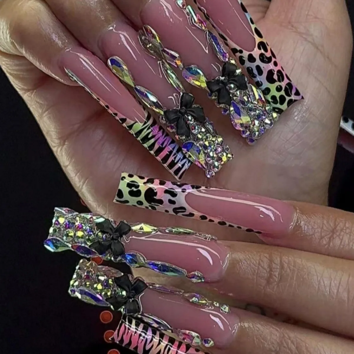 

24pcs Extra Long Press on Nails Colorful Leopard Print French Tips Fake Nail Diamond Bow Design Nude Square Coffin False Nail