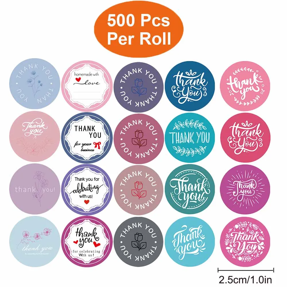 500Pcs/Roll Flora Thank You Stickers 2.5cm/1.0in DlY Decoration Party Label Perfect For Home&Shop Gift Seal Small Business Tags