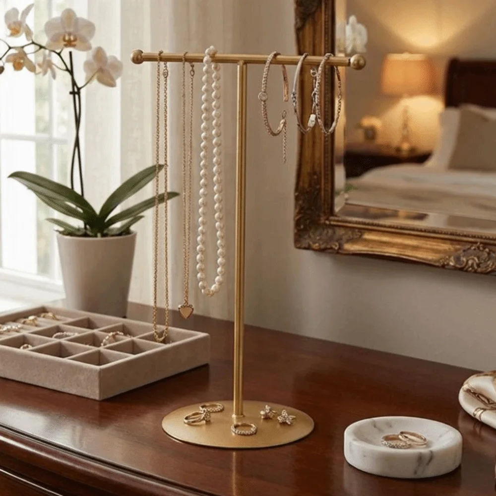 Metal Frame Jewelry Display Stand Round Base Single Layer T-Shaped Stand Space Saving Horizontal Bar Jewelry Storage Rack