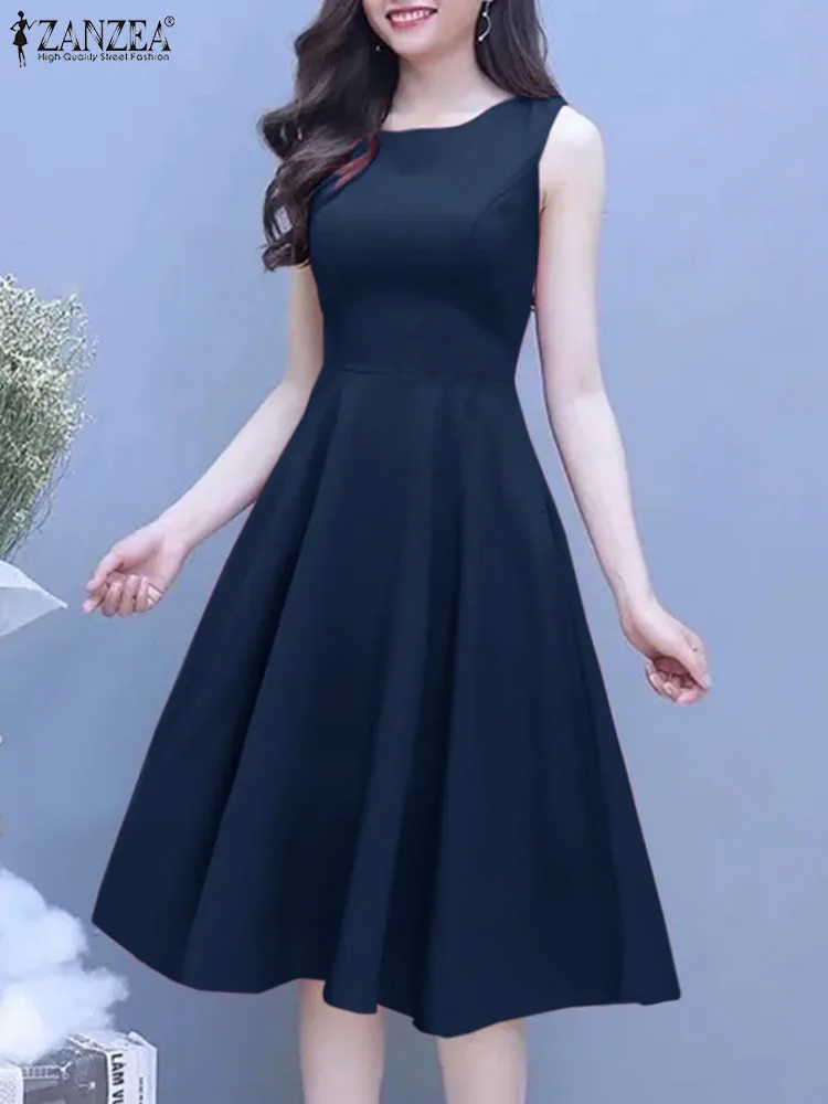 

ZANZEA Elegant Collect Waist Midi Dresses Women Sleeveless Basic Dress 2024 Summer Solid Tank Vestidos Vintage A-line Party Robe