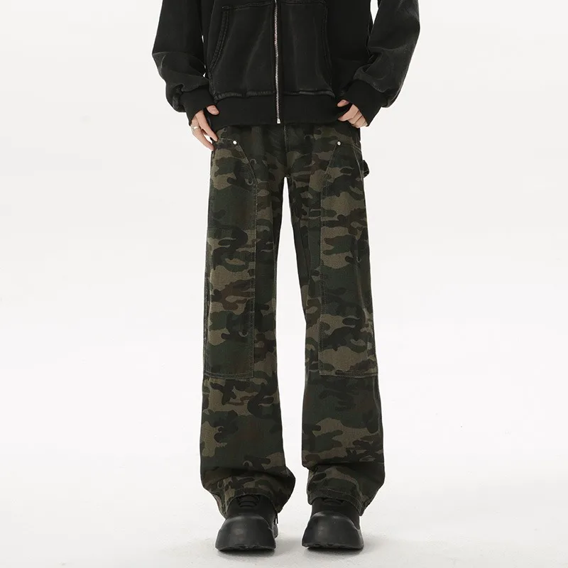

Американские камуфляжные рабочие джинсы для мужчин, свободные прямые брюки, повседневные эластичные брюки с высокой талией и контрастным принтом