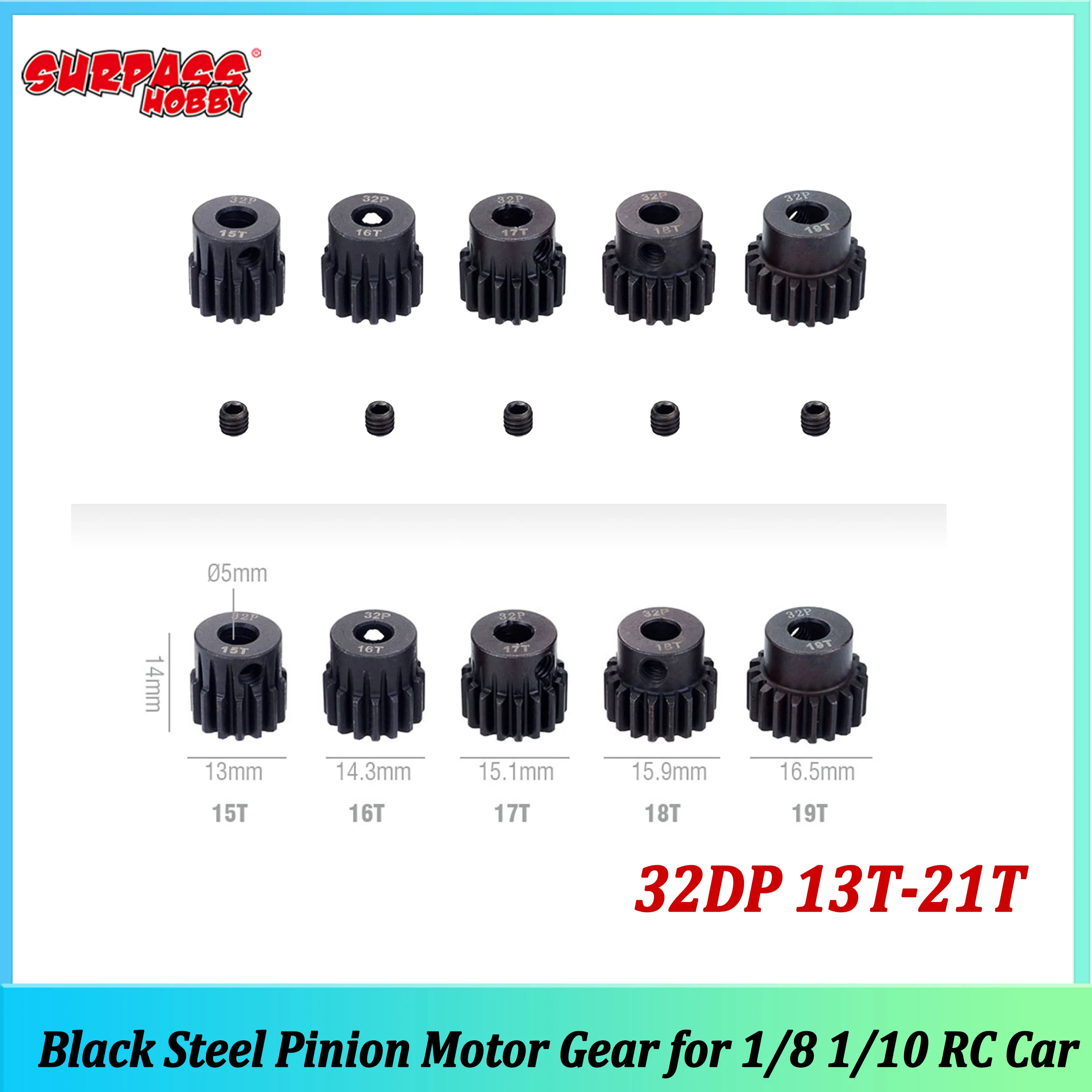 Surpass Hobby 32DP 5mm Metalowe Koło Zębate Silnika 13T 14T 15T 16T 17T 18T 19T 20T 21T do Samochodów RC 1/8 1/10 Wltoys WPL Traxxas Tamiya