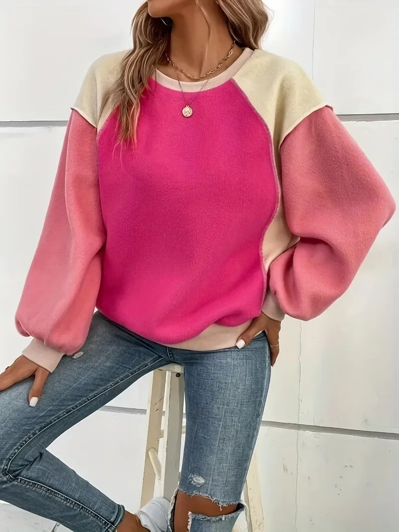 Plus Size Casual Top Women\'s Plus Colorblock Stitching Fleece Long Sleeve Round Neck Slight Stretch Loose Fit Top