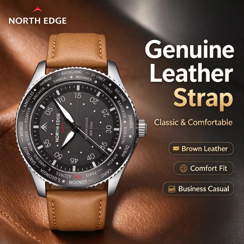 NORTH EDGE MACH World Time Pilot Watch Solar Powered 50M Waterproof Luminous Men Quartz Sports Wrist Watch Reloj Hombre