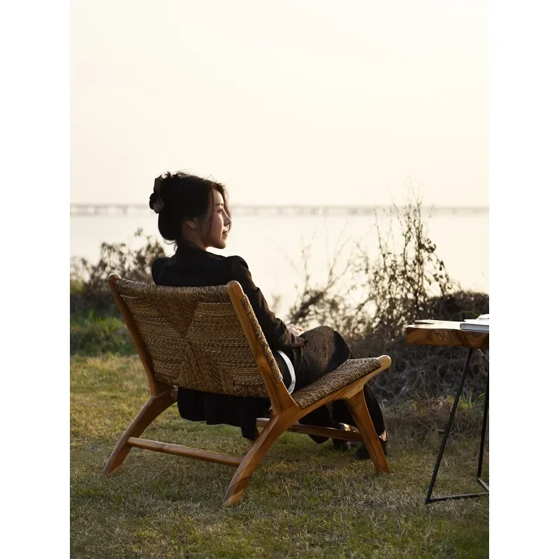 Reclining chair Solid wood natural rattan single sofa chair, home leisure chair