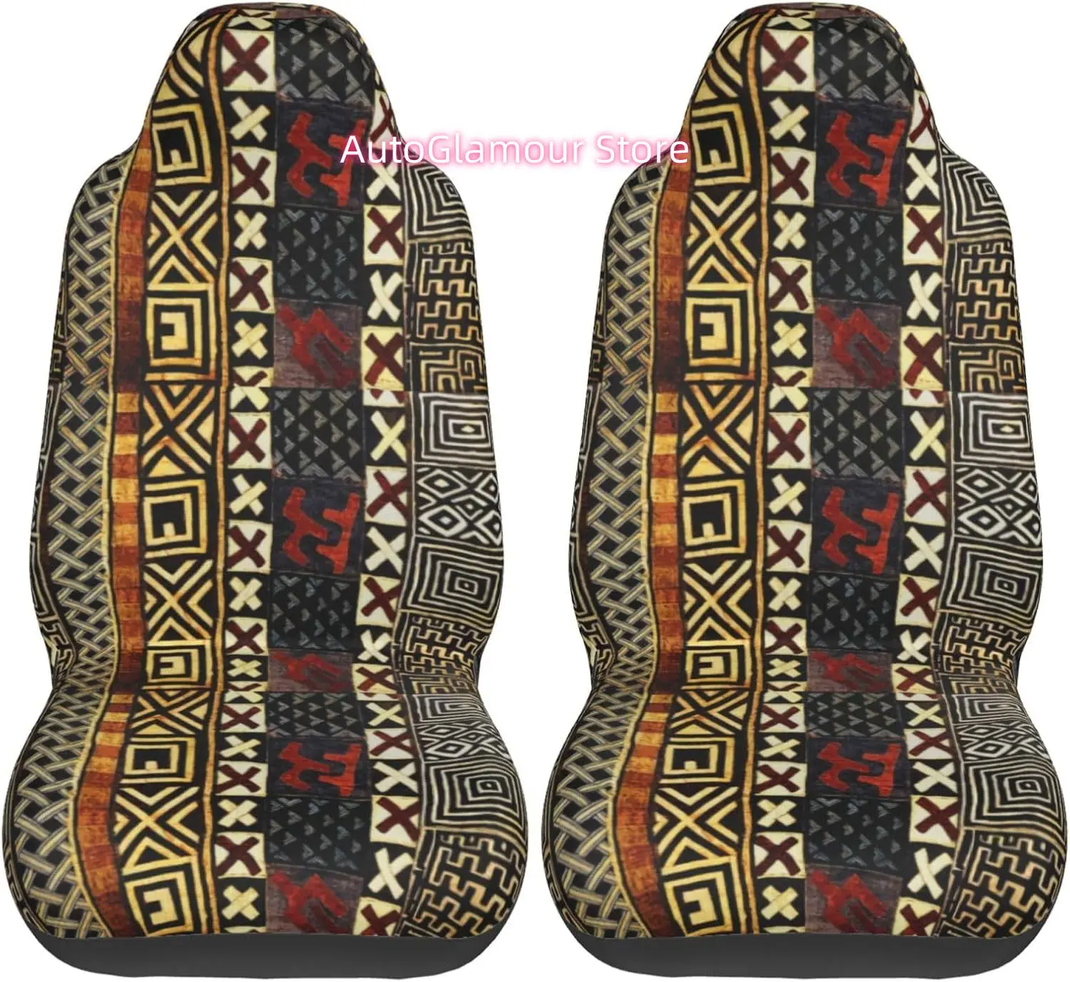 Abstract African Style Mud 2-Piece   Seat Cover Complete Set - Elastic Seat Protection Cover for Cars, Trucks, Suvs