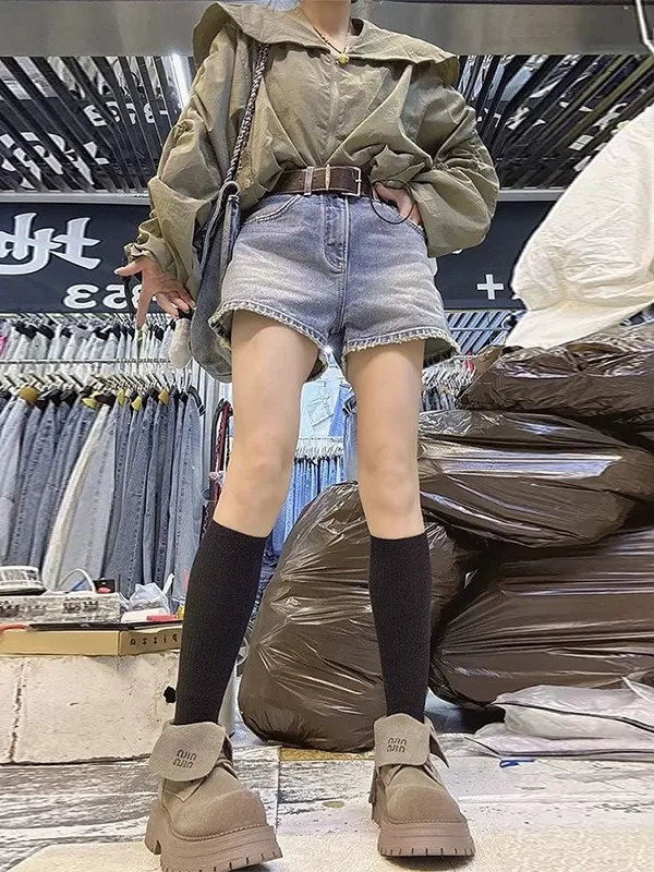 

High Waist Denim Shorts Women's Summer New Style Thin Hole Punching Casual Wide Leg Pants High Waist Shorts Cool Feeling