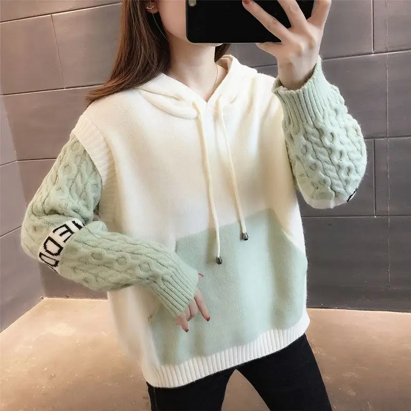 Autumn and Winter Women\'s Contrast Hooded Long Sleeve Sweaters Jumpers Loose Chic Fashion All-match Casual Office Lady Tops