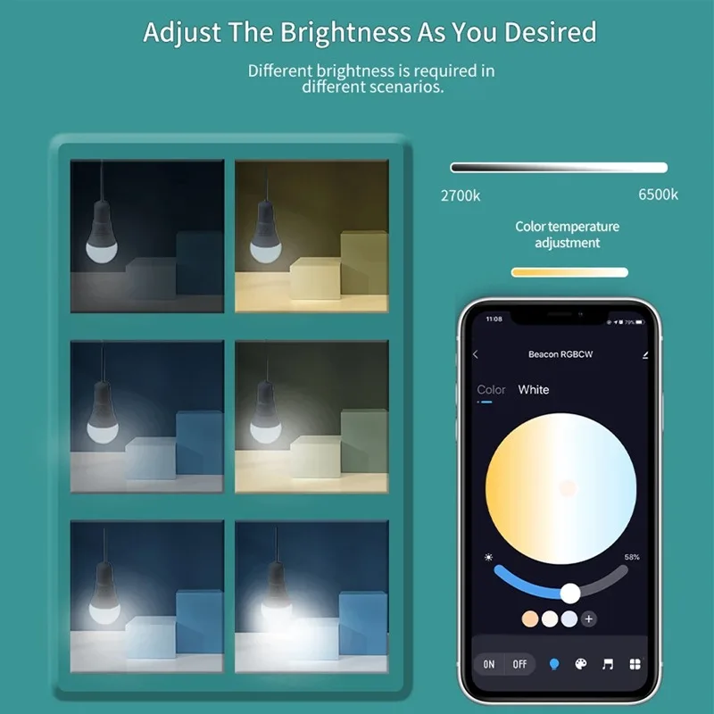 Bombilla E27 inalámbrica con Bluetooth 4,0, Control inteligente por aplicación Tuya, regulable, 15W, RGB + CW + WW, Lámpara LED que cambia de Color, Compatible con IOS/Android