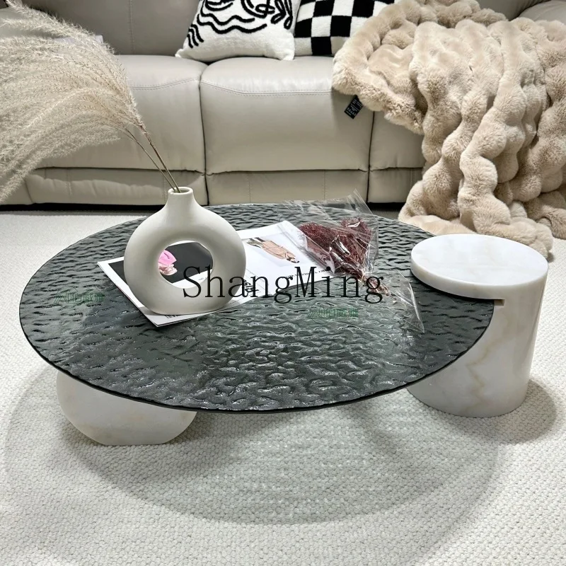 

CL Minimalist Natural Marble Living Room Round Tempered Glass Water Ripple Coffee Table Creative High-end Table