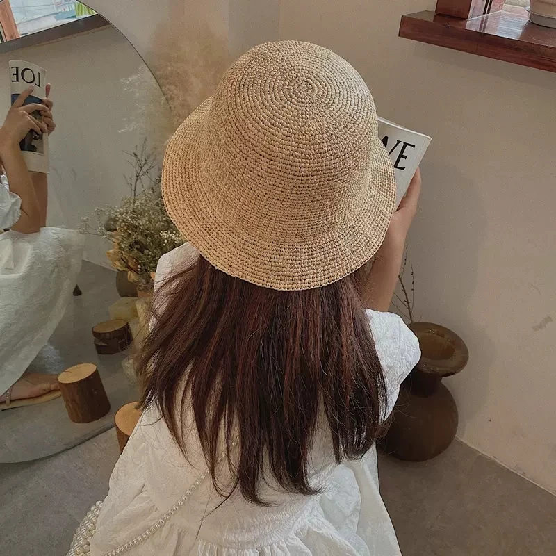 Natural Raffia Designer Beach Sun Hat for Women Handmade Crochet Straw Hat Ladies Spring Summer Bucket Hat Floppy Fisherman Cap