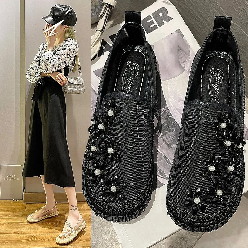 Dropshipping Luxury Rhinestone Pearl Flower Women's Single Shoes Cutout Lace Fisherman Shoes Breathable Casual Sports Flat Shoes