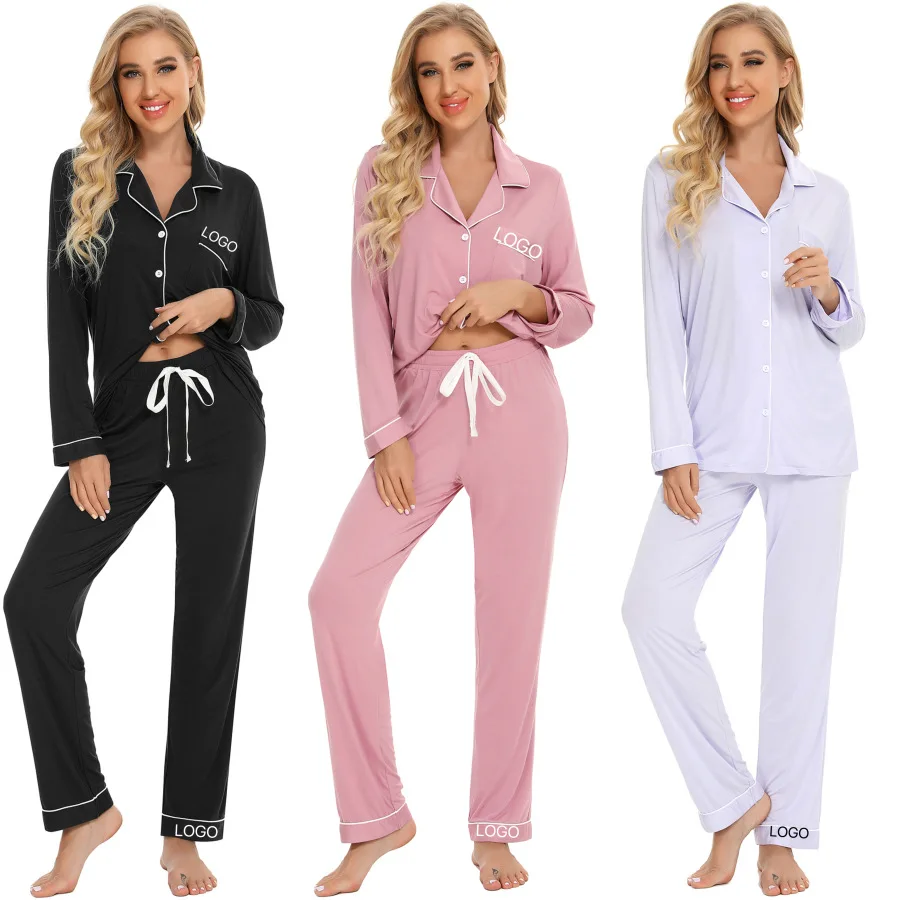Soft Modal Pajama Sets Solid Women 2 Piece Long Sleeve Cardigan Pant Pjs Casual Loose Sleepwear Loungewear Set Customize LOGO