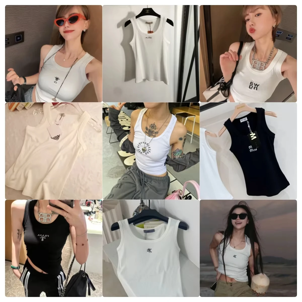 Tide Brand Collection Women's Cotton Sling Tight Vest Spice Girl Sleeveless Backing Letters Summer Design Thin Slim Trendy Top