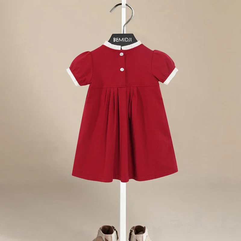 

Girls Dress 2025 Summer Dress New Children's Lovely Red A-line Skirt Children's EmbroideredShortSleeveSkirt Flower Girl Dresses