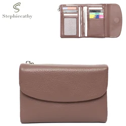 SC Women Minimalist Short Wallet Classic Real Leather Magnet Flap Trifold Coin Purse Multi Slots Card Holder Portable Daily Use