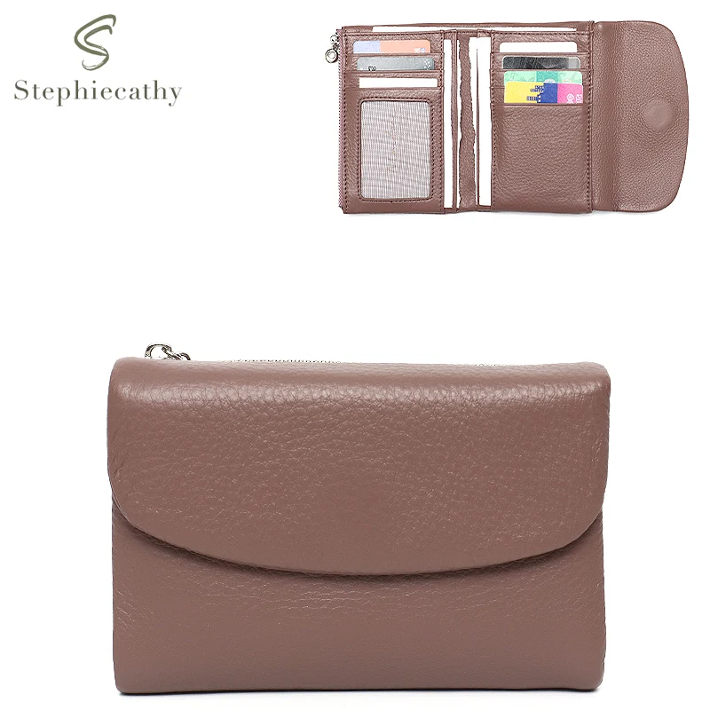 SC Women Minimalist Short Wallet Classic Real Leather Magnet Flap Trifold Coin Purse Multi Slots Card Holder Portable Daily Use