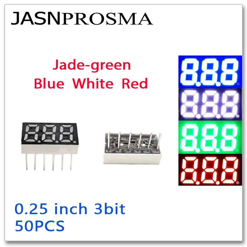 JASNPROSMA 50PCS 0.25 inch 3 bit digit Tube red white blue jade green 7 Segment Common Cathode Anode LED Display 0.25inch 6pin