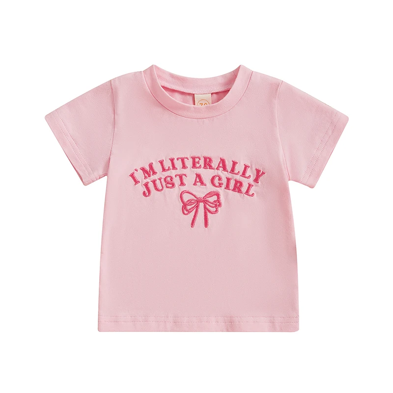 

Kids Short Sleeve Tops Casual Bow Letter Embroidery Round Neck Girl T-Shirt for Toddler Baby Summer Clothes