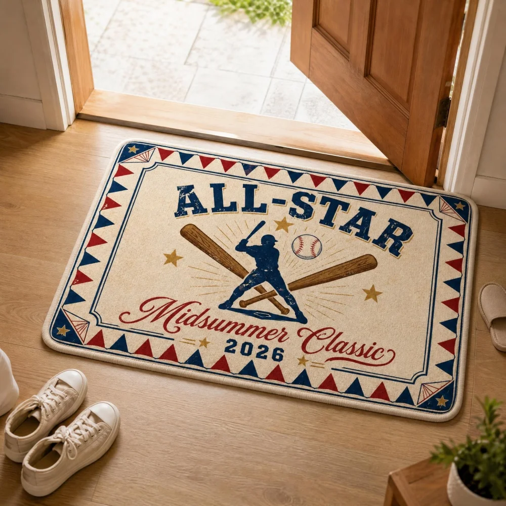 Retro Baseball Batter Printed Flannel Door Mat, Vintage Sport Star Indoor Doormat, Washable Non Slip Small Area Rug, Multi Sizes