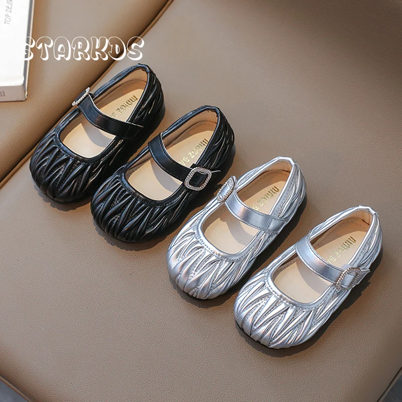 Brand Design Pleats Ballet Flats Baby Kids Luxury Rhinestone Buckle Strap Mary Jane Shoes Toddler Girls Silver Princess Zapatos