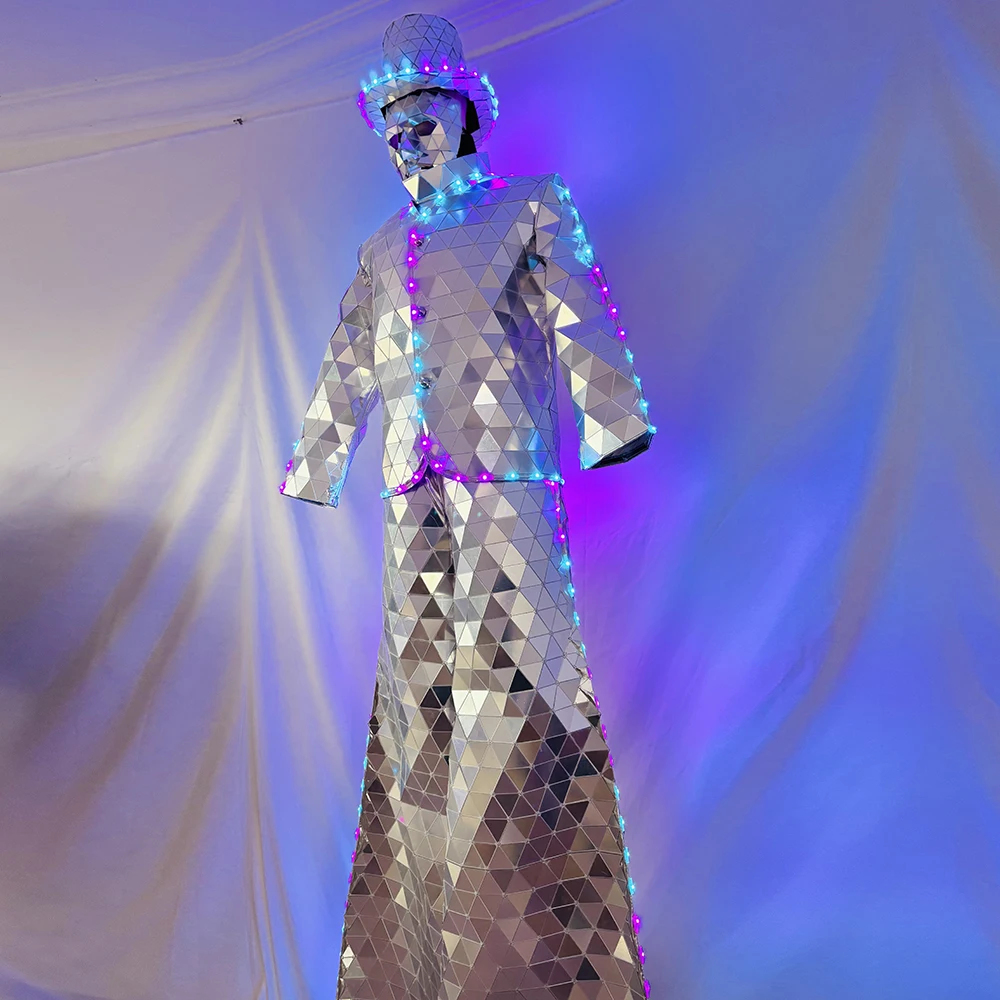 بدلة زي مرآة LED تضيء مرايا مخيطة يدويًا لمرحلة الهذيان الهالوين DJ Show ديسكو حفلة الرقص - عاكسة لامعة