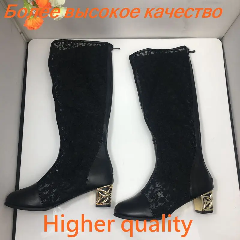 ORCHA LISA Spring Summer Boots Shoes Women Med Heels Knee Flower Lace Female Mujer Zipper Glitter Sexy White BiG Size 43 44 4546