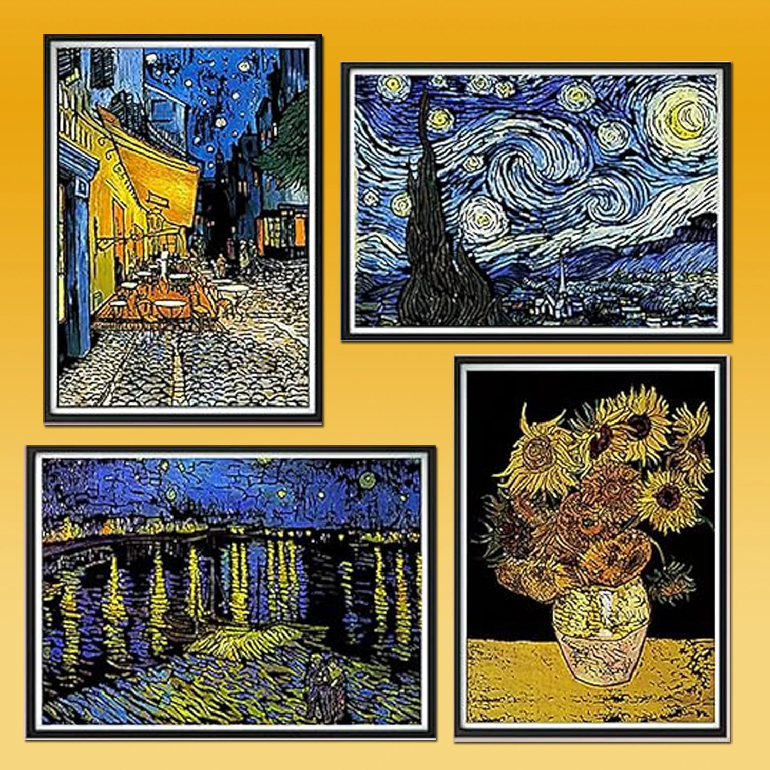 4Pcs Van Gogh Engraving Art & Craft Set, DIY Sketch Card Scratchboard ,Cafe Terrace at Night, Sunflower Starry Night